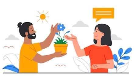 Een persoon in een oranje shirt geeft een potplant met een blauwe bloem aan een andere persoon in een rood shirt. De achtergrond bevat een kleine zon en een tekstballon.